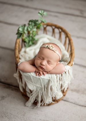 Sleeping newborn in wicker basket with white blanket and green plant decor on wooden floor.