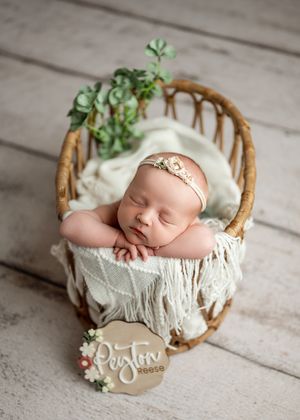 Peaceful newborn sleeping in wicker basket decorated with succulents and white textured blanket on wooden floor.