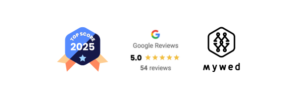 Three logo badges showing a 2025 award emblem, Google Reviews 5-star rating, and Mywed professional certification.