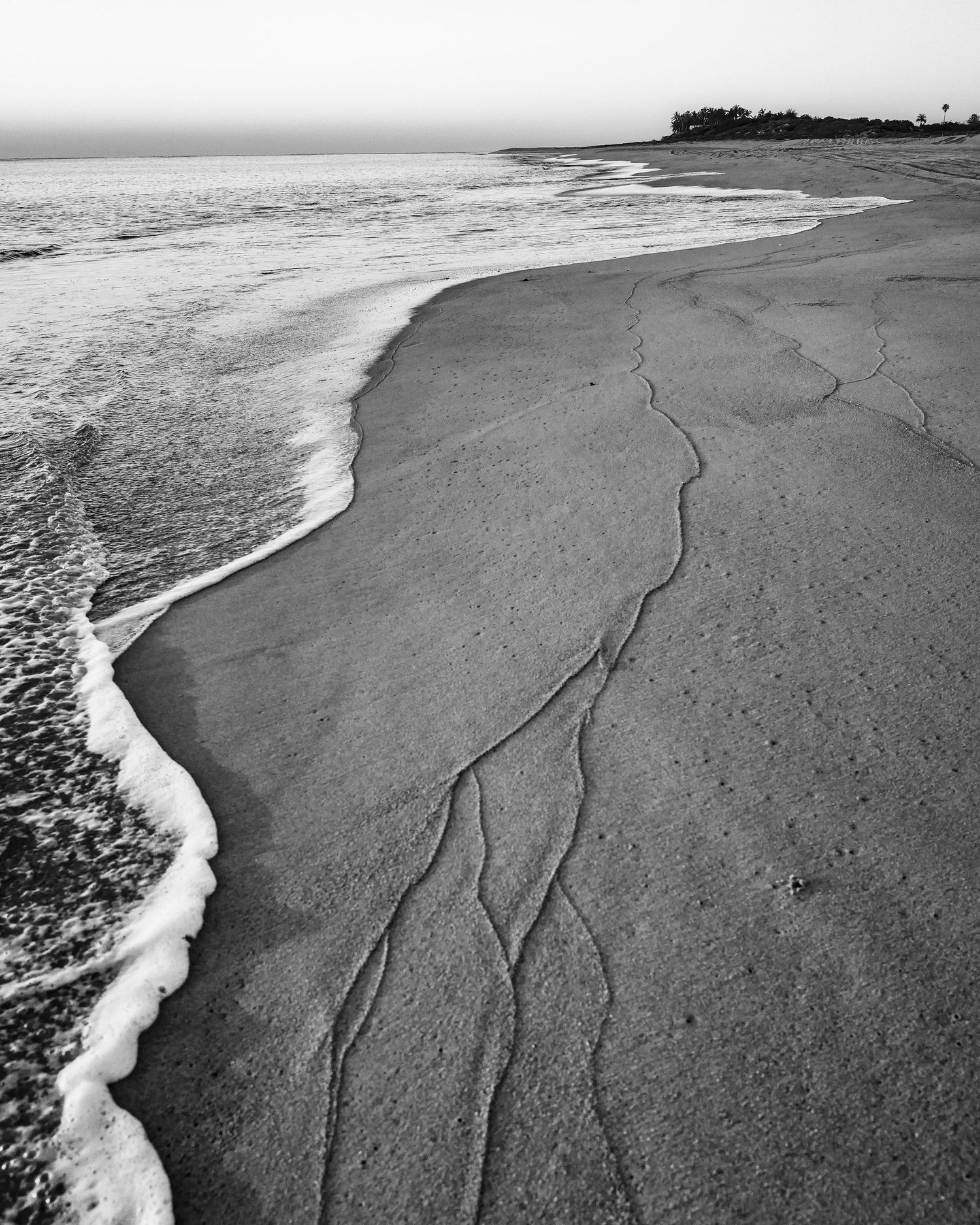 Black and white photo of gentle ocean waves leaving branching water trails on a sandy beach.