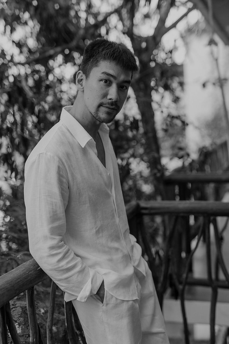 Groom portrait in linen attire during cenote elopement at Nativus Tulum Riviera Maya wedding photographer.