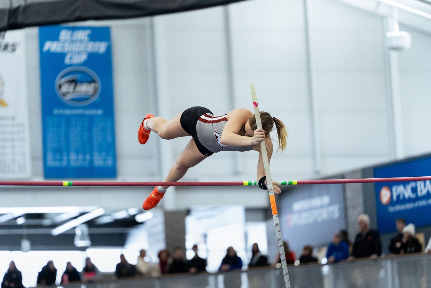 Ava Iverson clearing a height at the GVSU Early meet, Kelley Family Sports Center, Allendale MI, 12/5/25