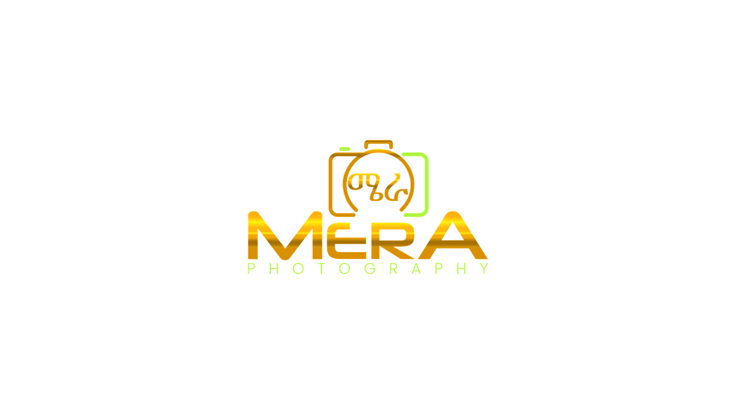 Yellow and orange gradient logo design for Mera Photography on black background.