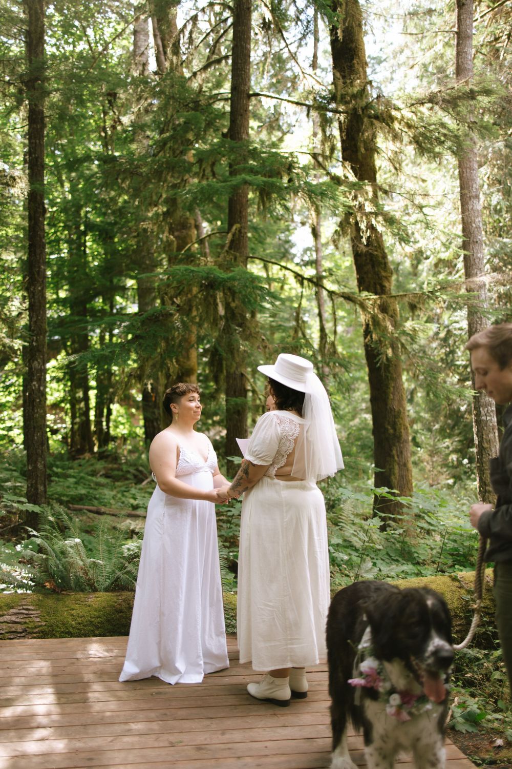 Two brides exchanging vows on wooden deck surrounded by lush forest trees.