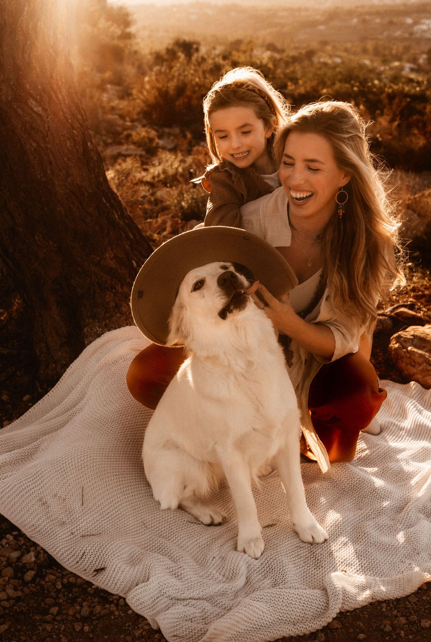 A white dog in Javea wearing a hat sits on a blanket during golden hour sunset in nature with glowing warm light. Javea photographer