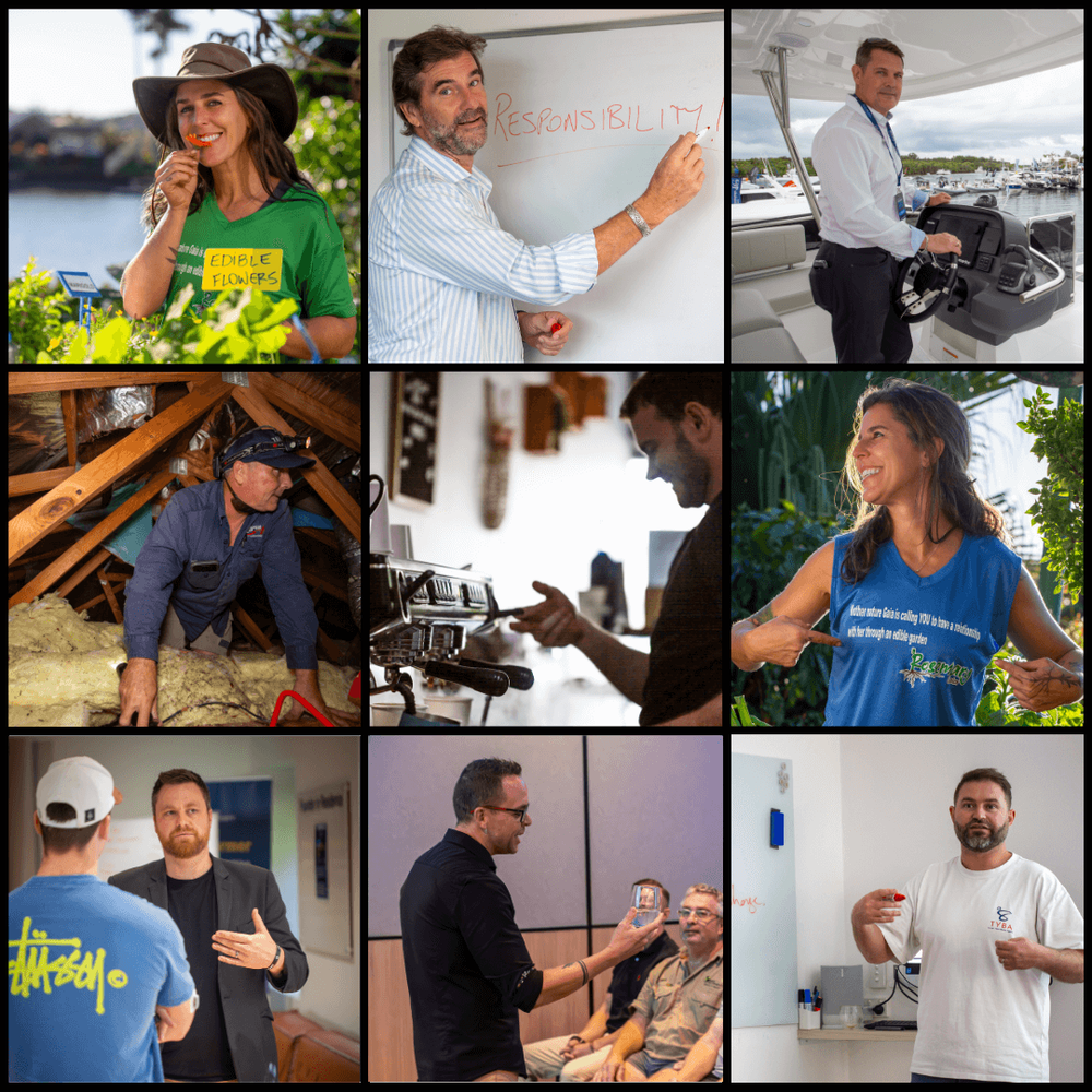 A collection of casual workplace scenes showing people writing, meeting, and working in various office and outdoor settings. Photography