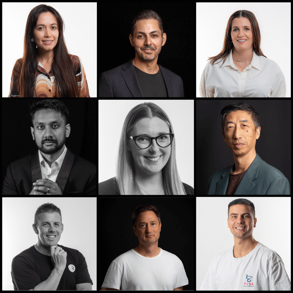 A 3x3 grid of professional headshots showing diverse individuals in business attire against neutral backgrounds.  Photography Gold Coast