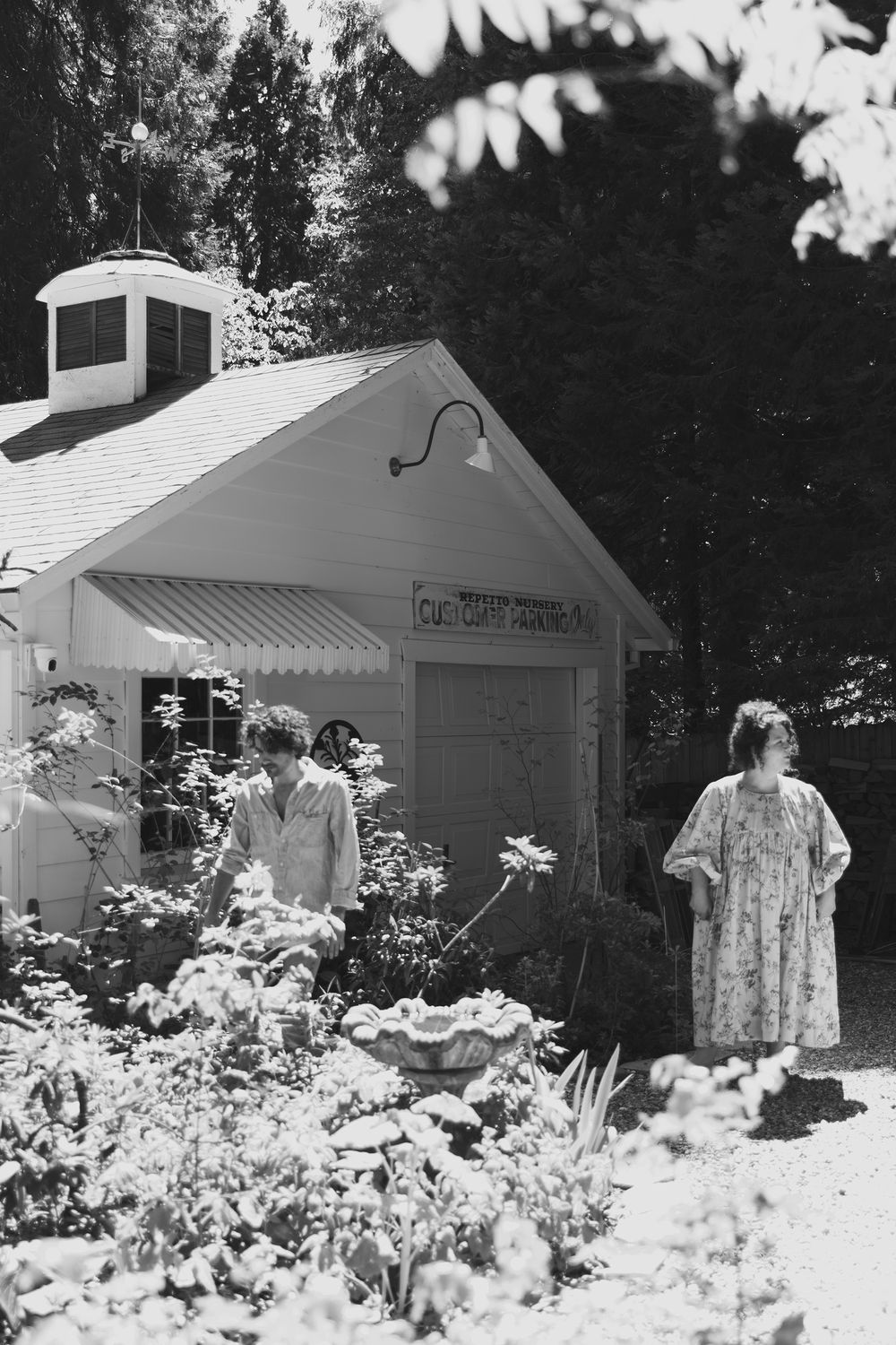 Black and white series showing a garden scene with white cottage and blooming flowers.
