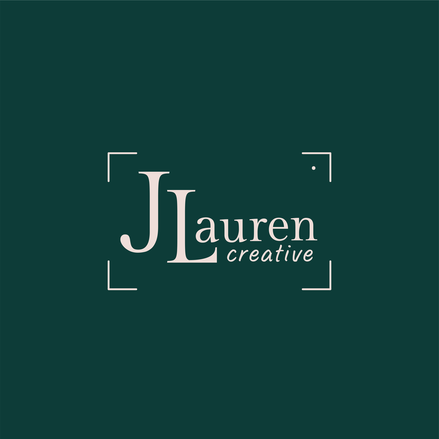 A minimalist business logo design featuring 'JLauren creative' text in white against a dark green background.