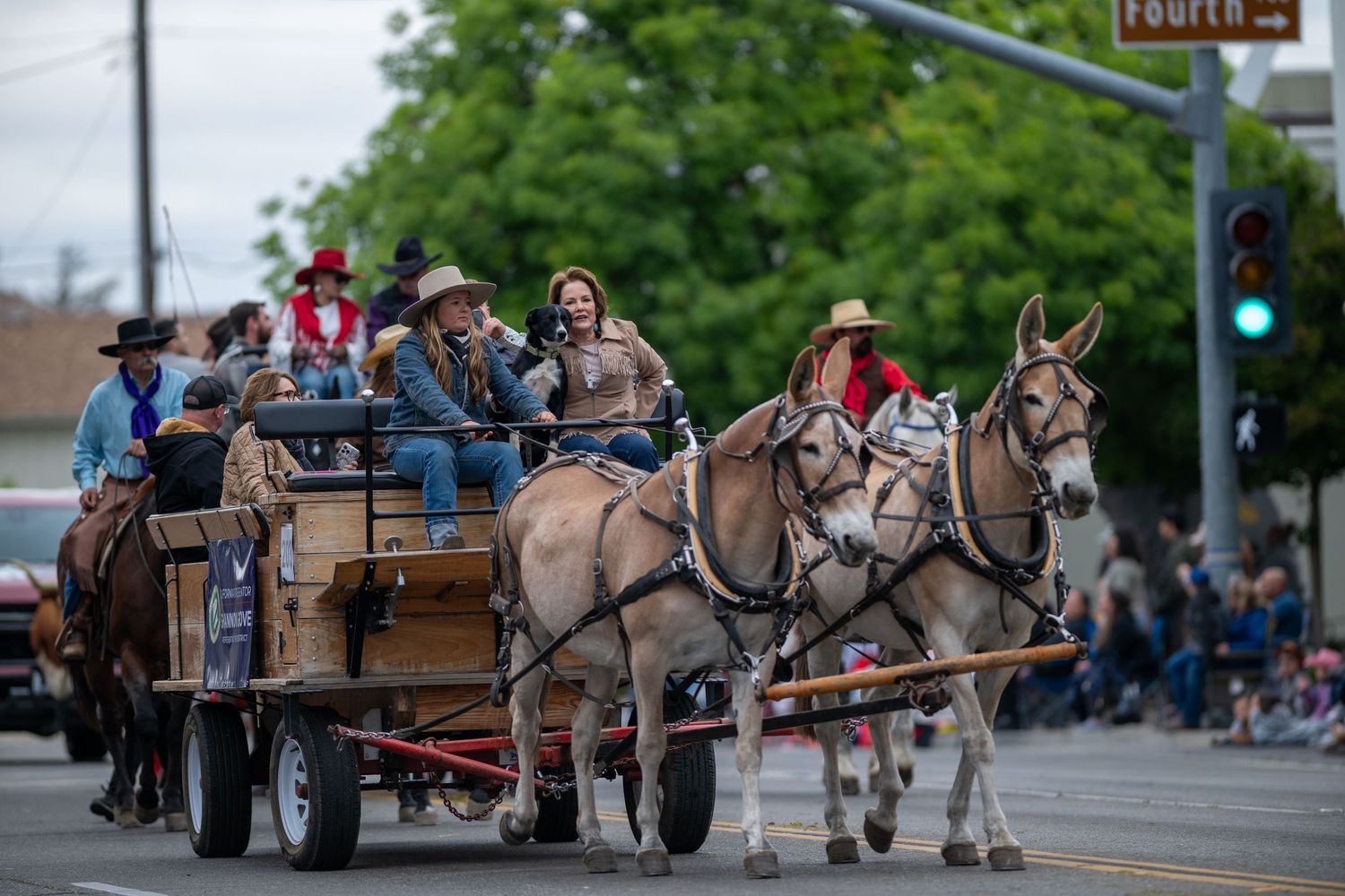 A horse-drawn wagon carries passengers through a city street during a parade celebration.