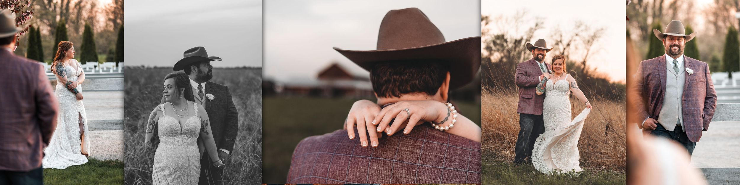 Five romantic sunset photoshoot images featuring couples at golden hour in rustic outdoor settings.