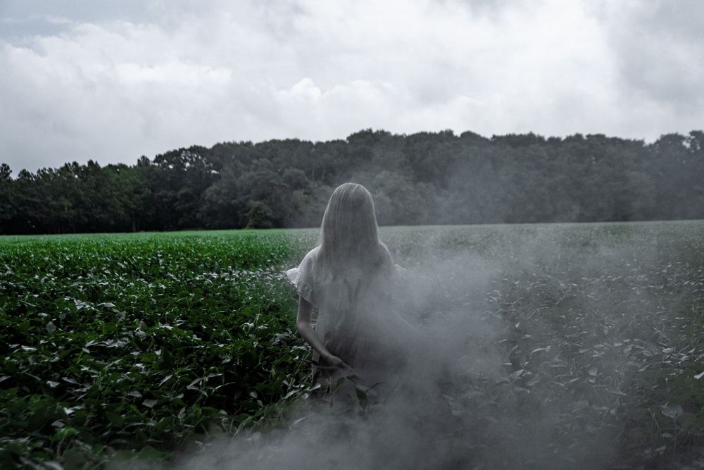 Ethereal figure shrouded in mist stands at the edge of a green field on a cloudy day.