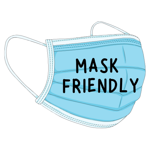Three light blue medical face masks with text reading 'MASK FRIENDLY' written on them.