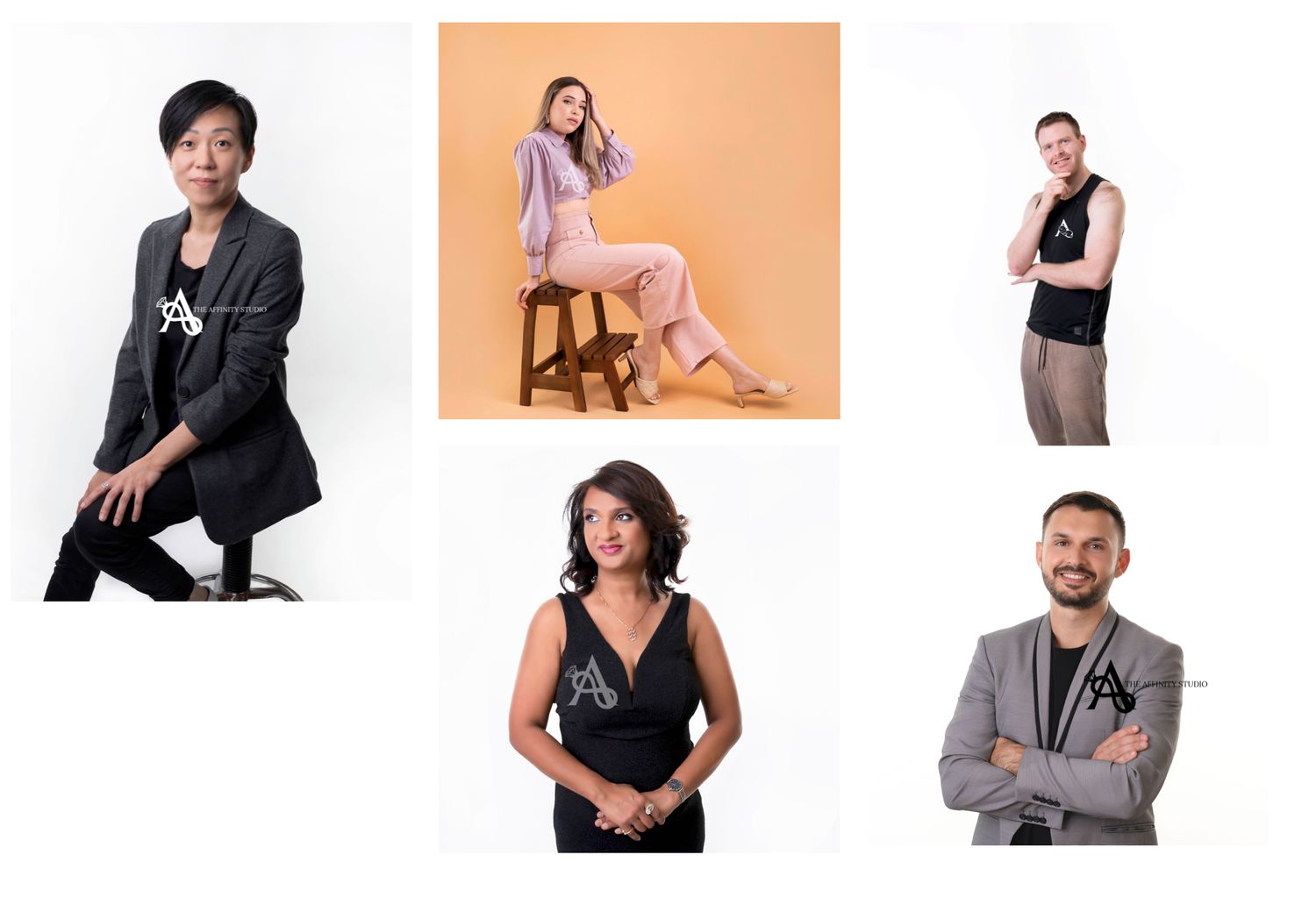 Professional studio portraits of diverse models in business and casual attire posing against solid color backgrounds.