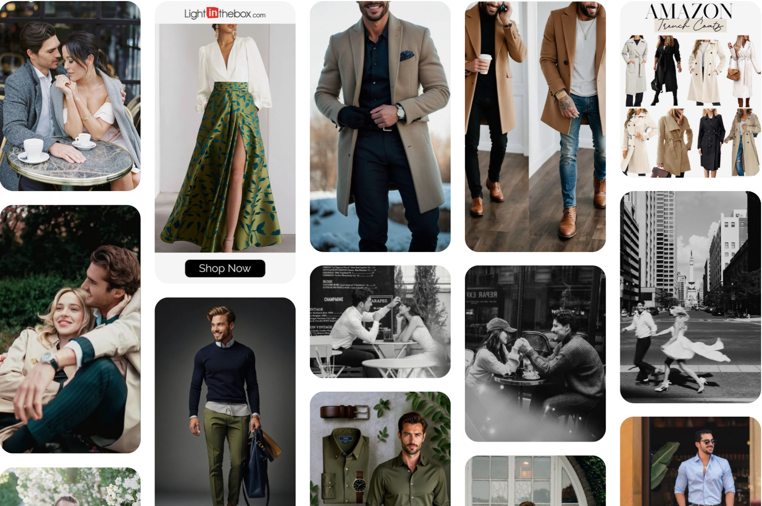 Fashion mood board featuring various outfits, streetwear styles and vintage photographs in neutral earth tones and muted colors.