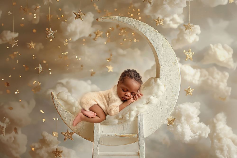 Sweet sleeping baby rests on decorative white crescent moon with glowing stars and dreamy golden clouds in background.