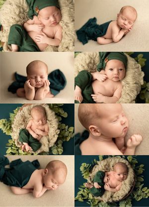 A collection of artistic newborn photography poses featuring sleeping baby on cream and navy backdrops with soft lighting.