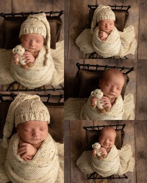 A newborn baby sleeps peacefully on a rustic wooden ladder backdrop wrapped in soft cream-colored knit blankets and bonnet.