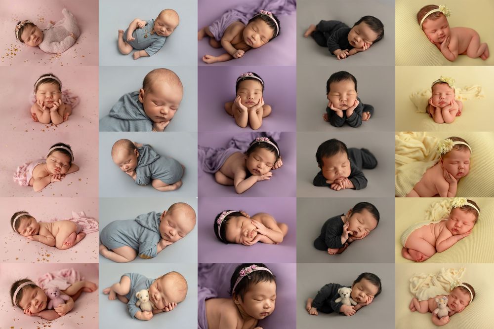 A collage of twenty sleeping newborn babies arranged in rows wearing soft pastel colored wraps and headbands.