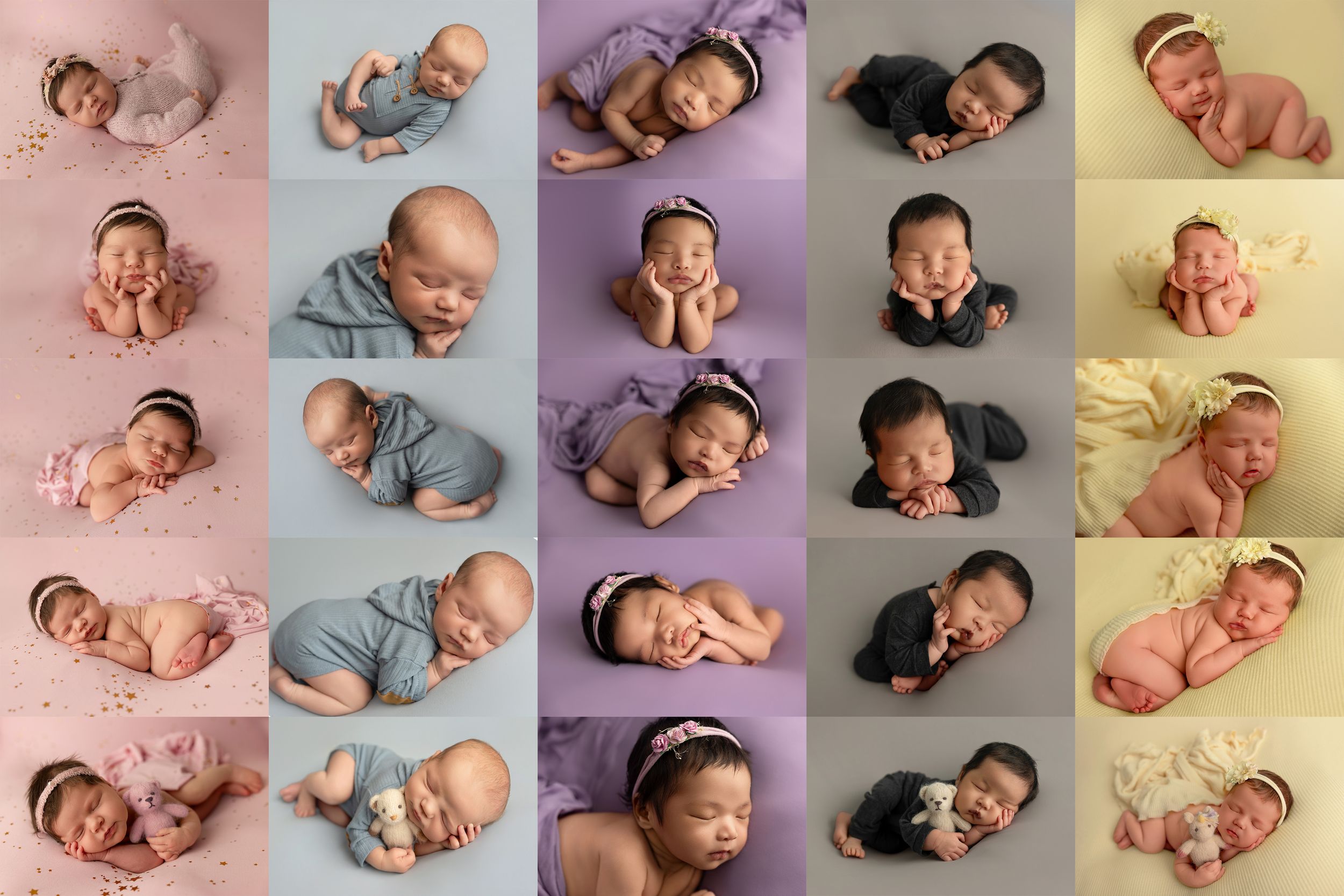 A collage of twenty sleeping newborn babies arranged in rows wearing soft pastel colored wraps and headbands.