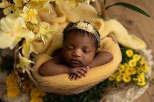 Sleeping newborn in a cozy beige basket surrounded by delicate yellow daffodils and spring flowers.