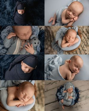 A collection of peaceful newborn portrait photographs in soft gray and navy tones showing sleeping babies on textured blankets.