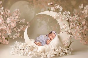Dreamy newborn photography setup with crescent moon prop surrounded by soft pink cherry blossoms in ethereal lighting.