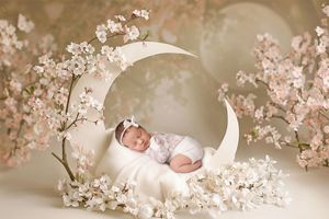 A dreamy newborn photography scene with a crescent moon prop surrounded by delicate pink cherry blossoms.