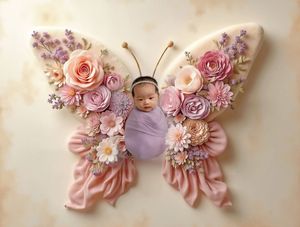 Newborn baby photographed in pink and purple butterfly-shaped floral arrangement against cream background.