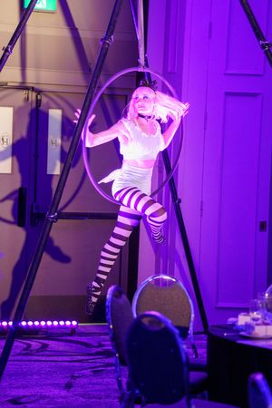 An aerial performer in striped stockings performs on a suspended hoop under dramatic purple stage lighting.