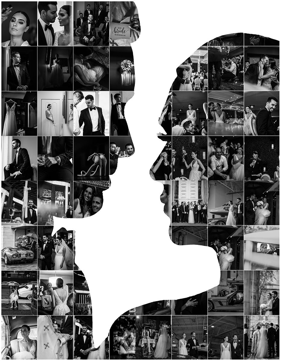 Creative photo collage silhouette showing wedding moments and couple portraits arranged in profile shapes.