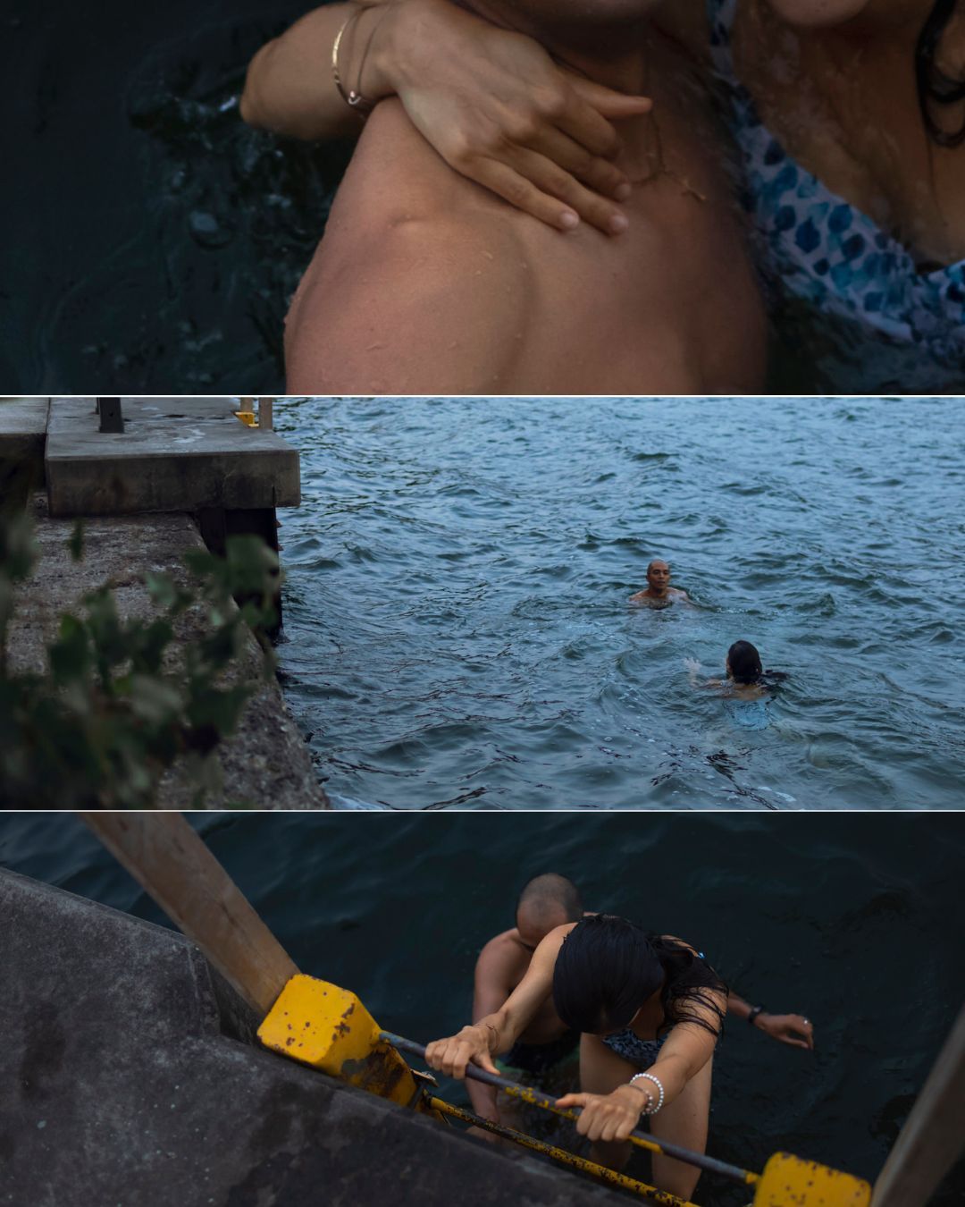 Couple swimming together in a lake at dusk. unposed, cinematic storytelling session. Swimming, embracing, climbing ladder. Kingston Ontario