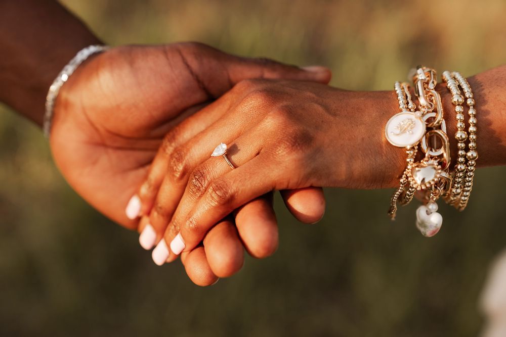 A series of six close-up photos showing hands displaying engagement rings and wedding bands.