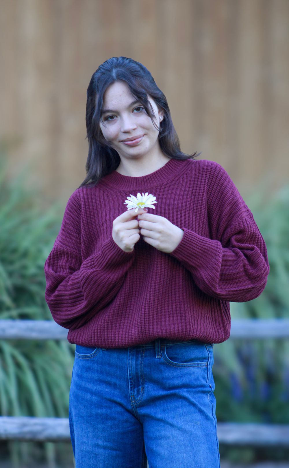 Person in burgundy sweater holds small white flower while standing outdoors near fence.
