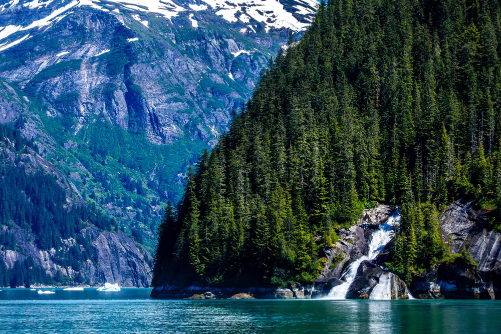 Scenic Alaskan fjord landscape with waterfall cascading between evergreen forests and snow-capped peaks.
