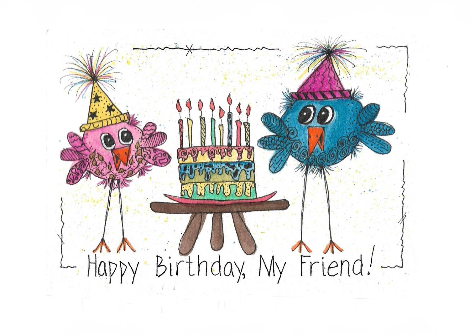 Cheerful birthday greeting card design with playful animals and party decorations.
