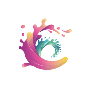 Colorful abstract liquid splash logo design with swirling gradient waves in pink, turquoise and yellow tones.