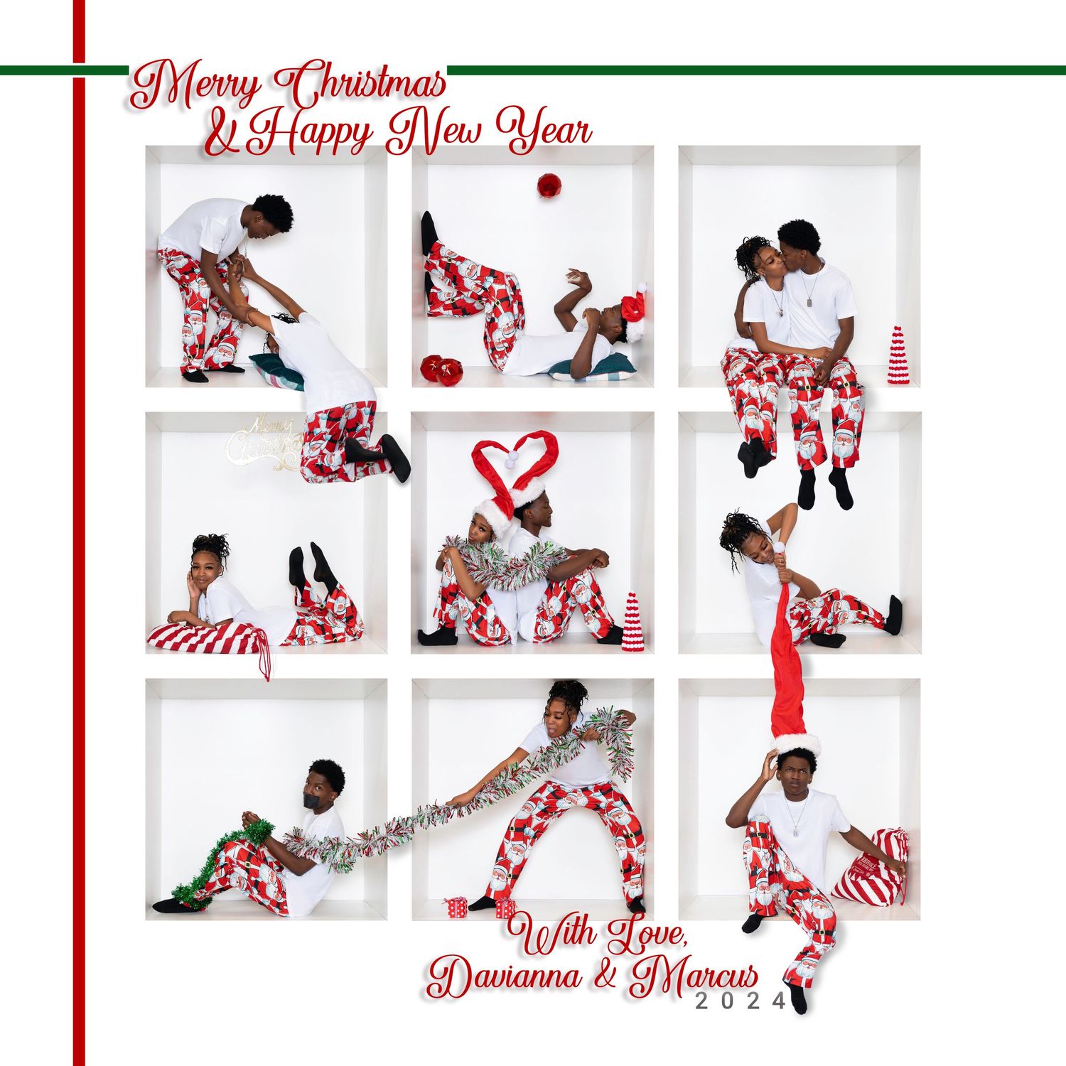 Holiday photo grid showing playful poses in matching Christmas pajamas.