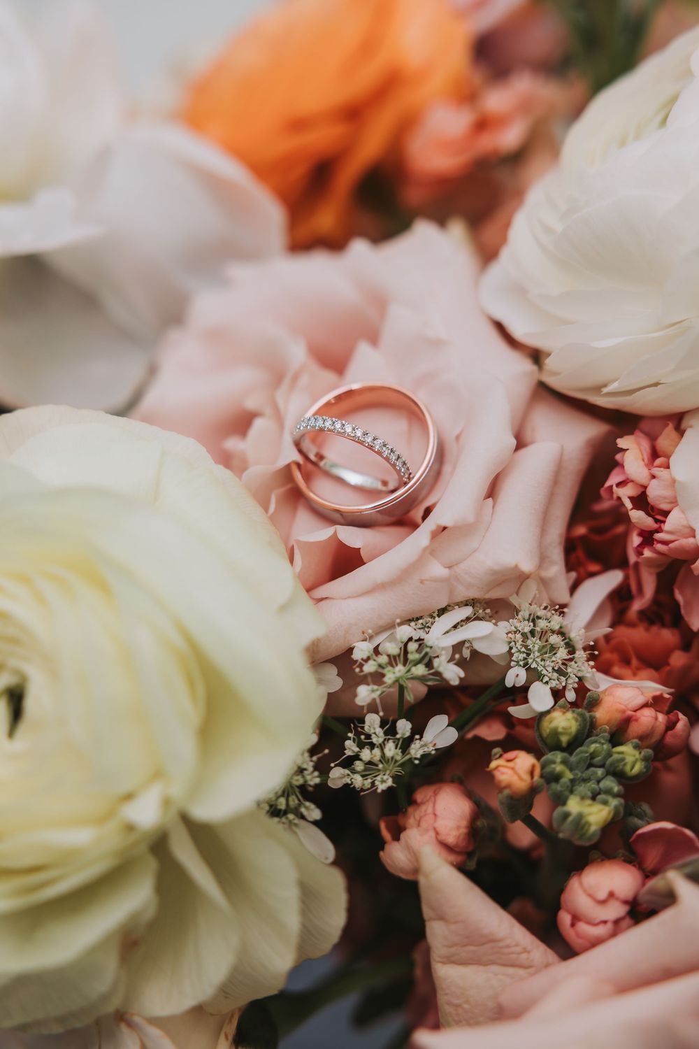 Wedding rings nestled in blush pink rose petals surrounded by white and coral flowers with delicate baby's breath.