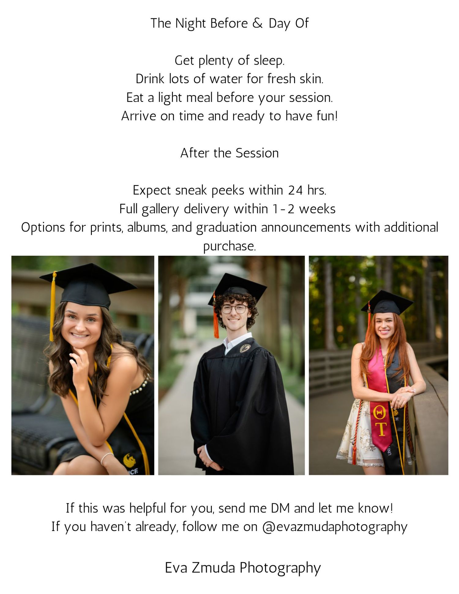 Photography studio information guide showing session prep tips and post-shoot details against a white background.