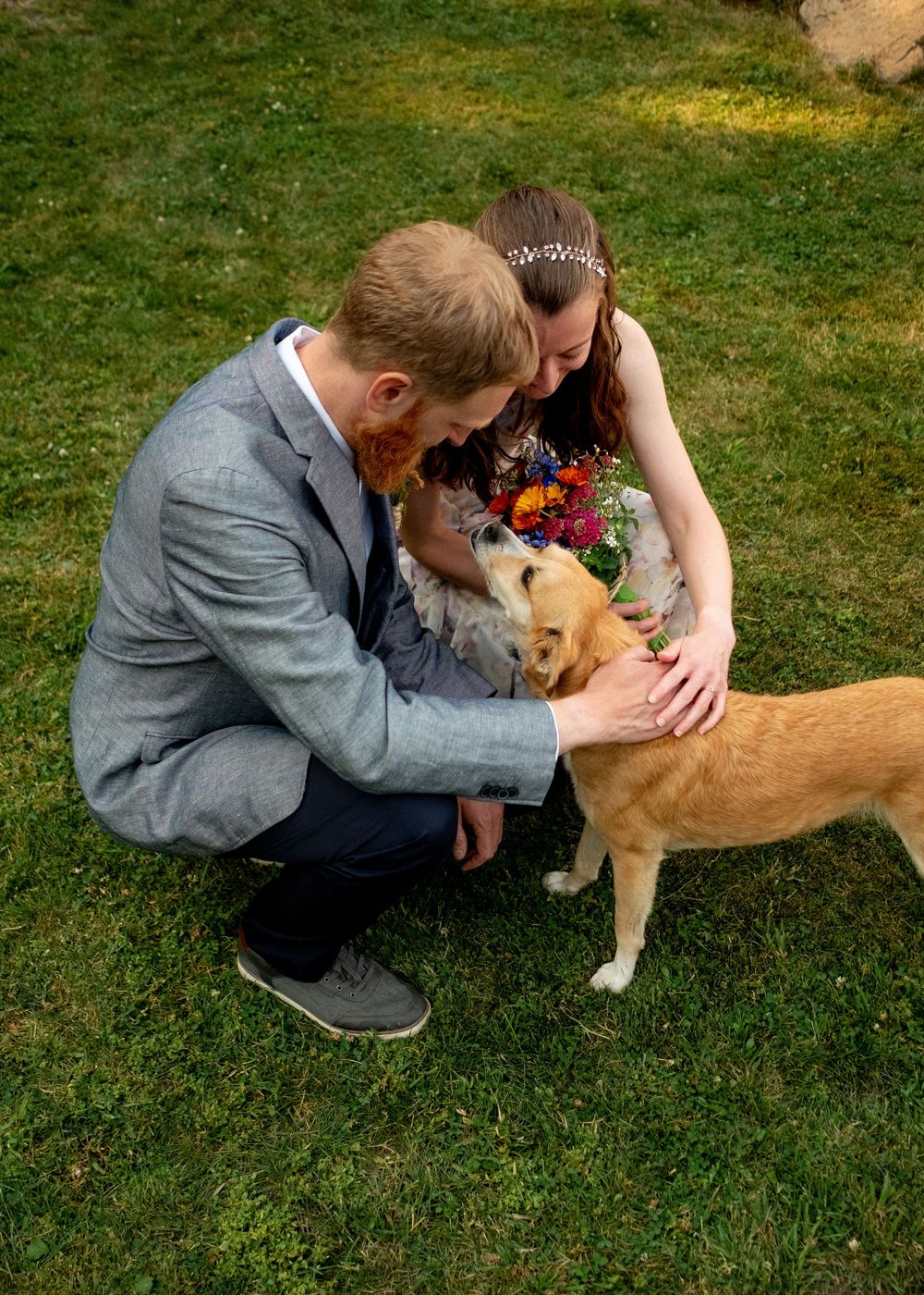 Couple in wedding attire sharing a moment with their dog on green lawn.