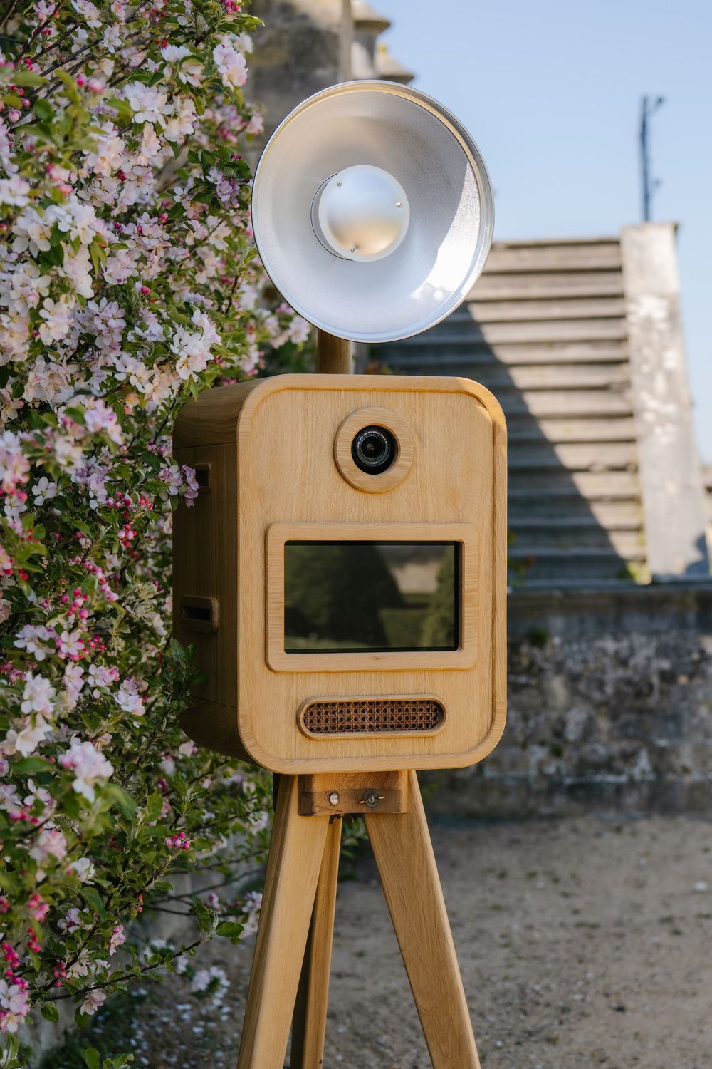 Vintage wooden photo booth on tripod with large flash bulb, set outdoors near blooming pink flowers.