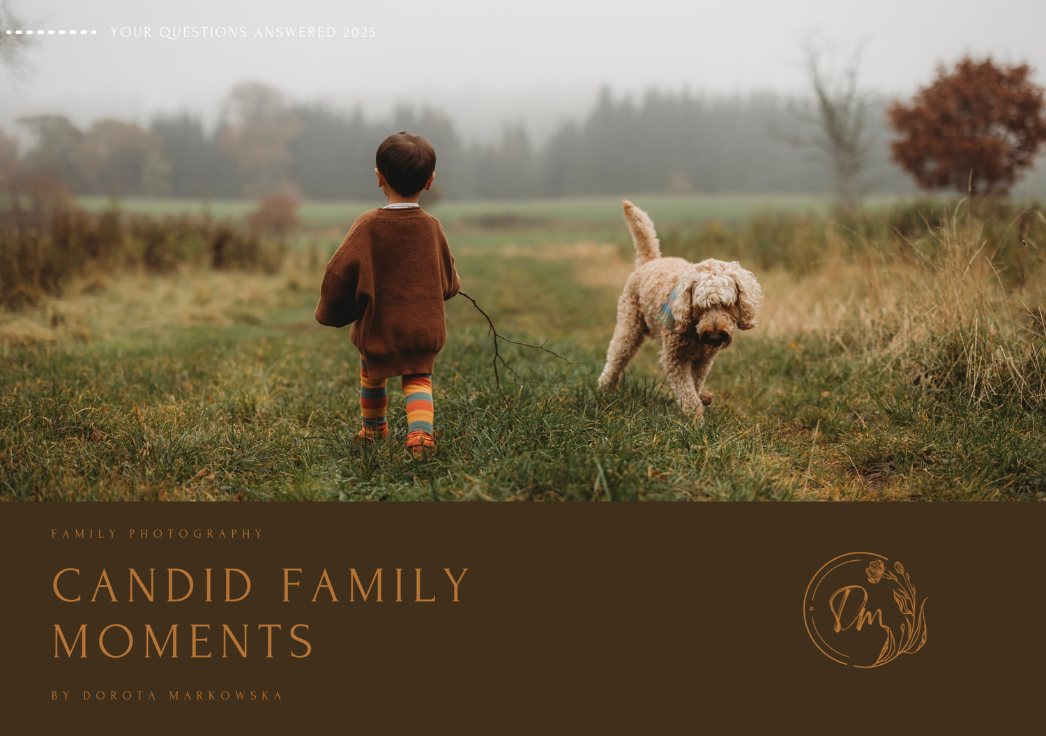 Child and golden retriever dog walking together on misty autumn path through tall grass.