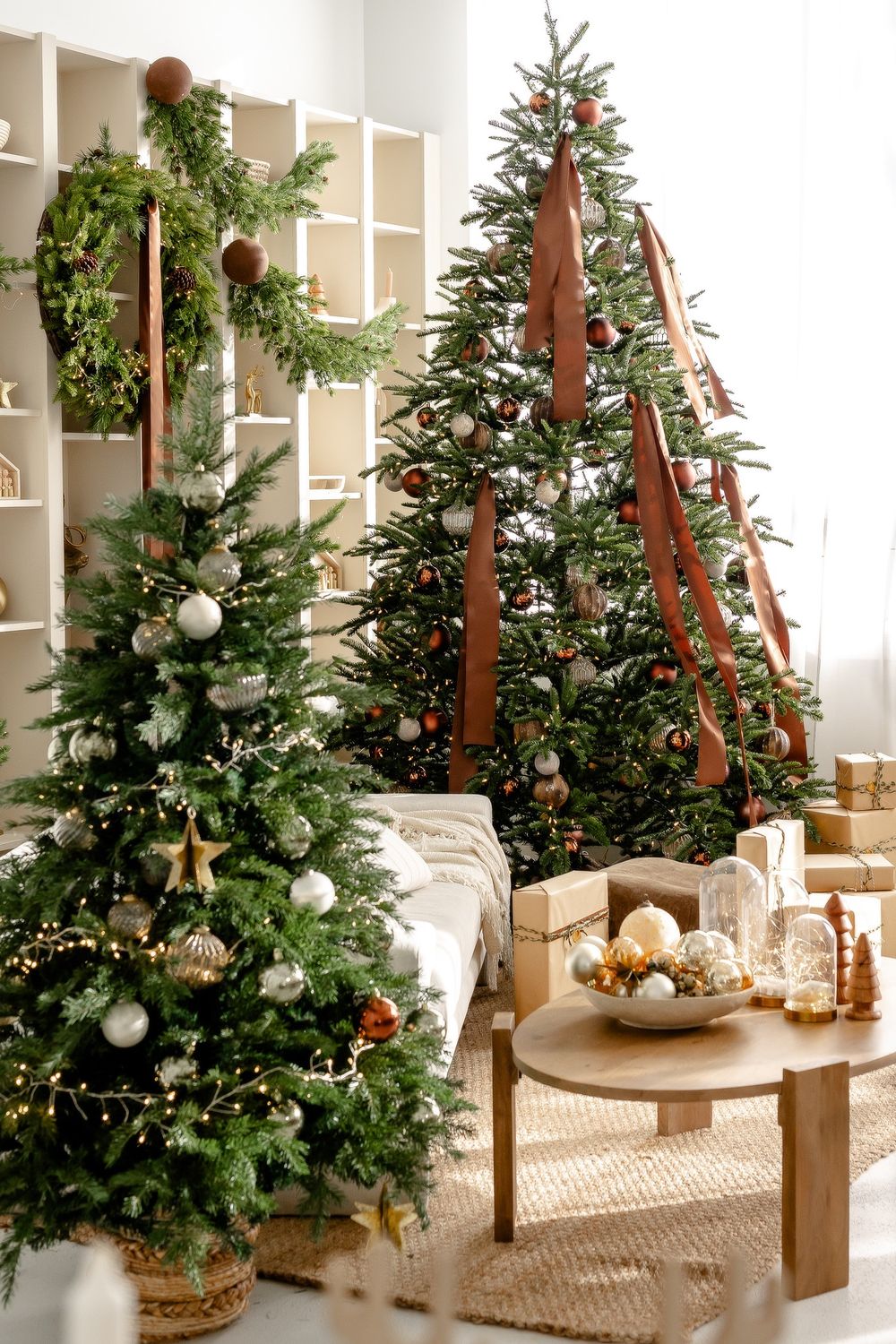 Minimalist Christmas decor featuring natural evergreen trees adorned with white ornaments and wooden accents in a neutral room.