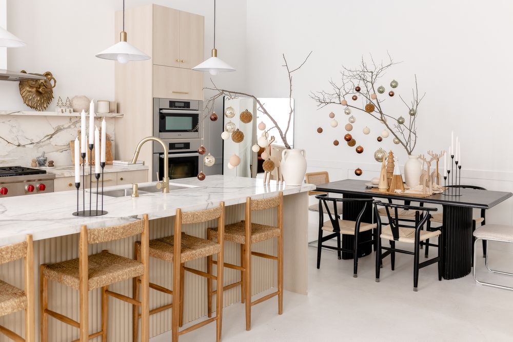 Bright and airy modern dining room decor transformation sequence showing minimalist Scandinavian style furniture and design.