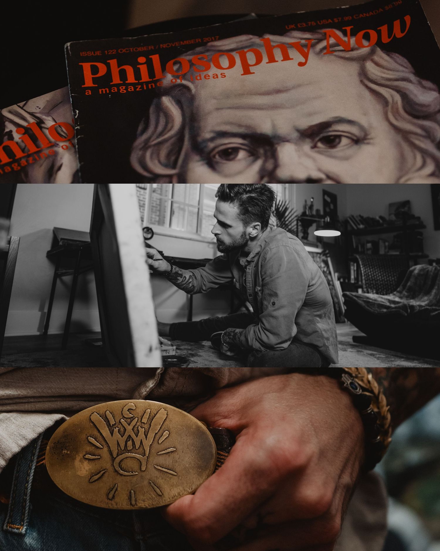A hand holds and examines a detailed wooden carving, showing the craftsmanship in an artisanal workshop setting.