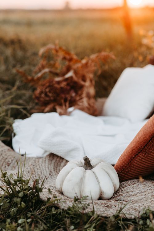White pumpkin decorations and brown autumn leaves arranged on rustic burlap fabric in warm sunlight.