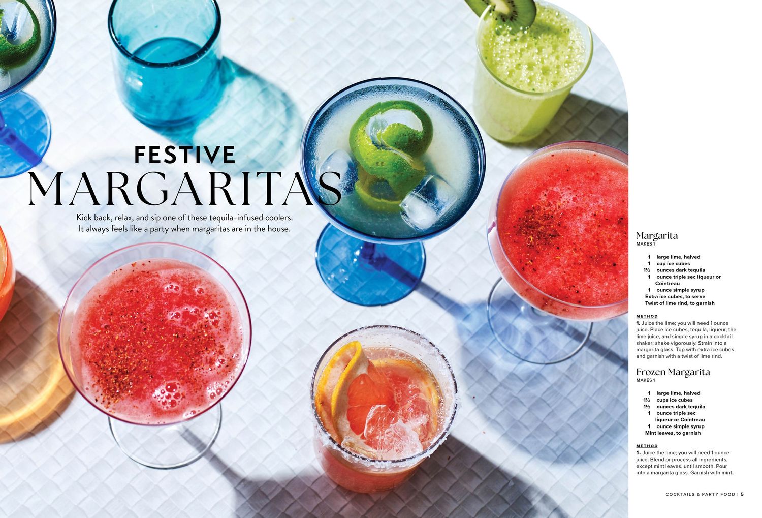 Colorful festive margarita recipes spread with blue and red drinks in a magazine layout.