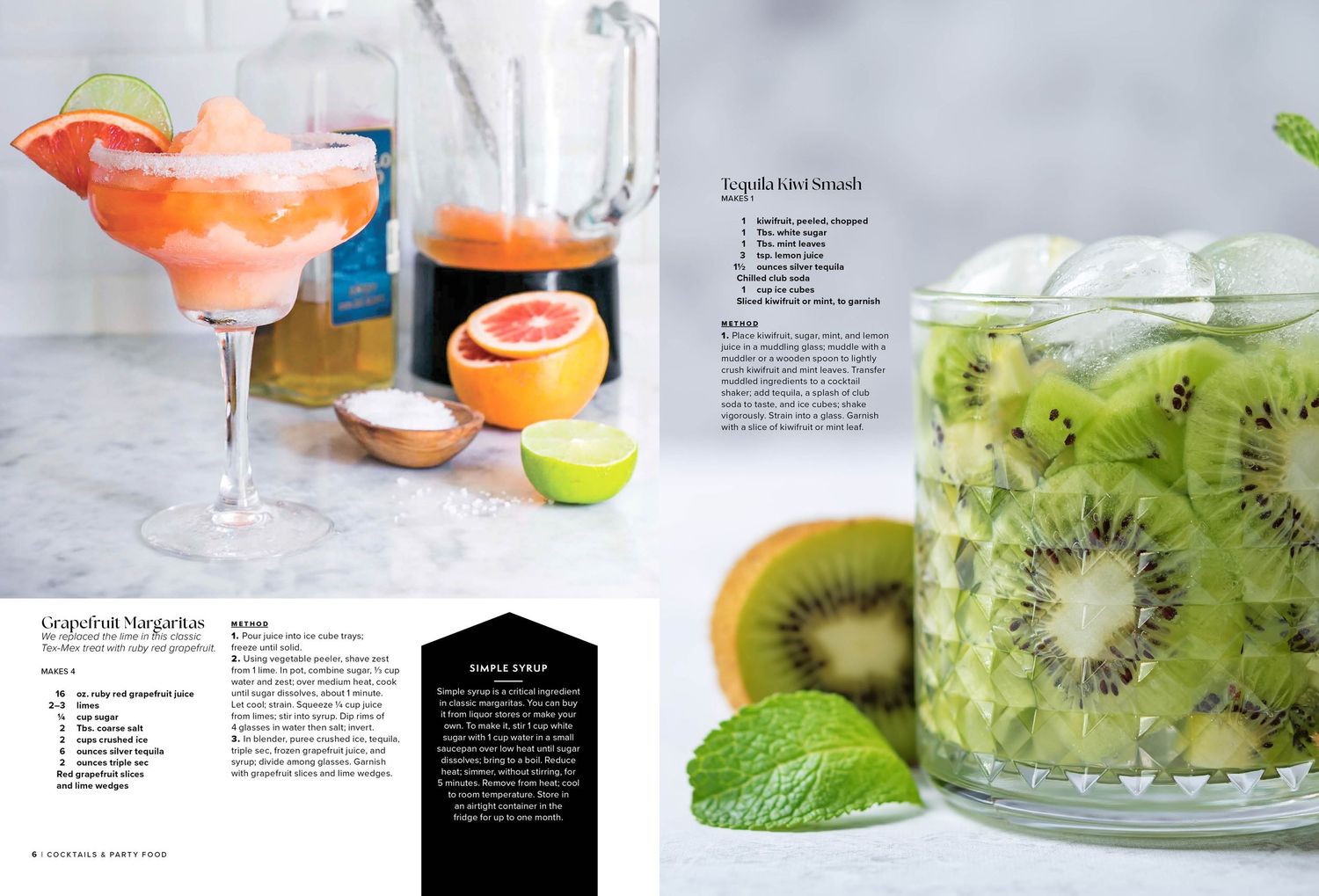 Magazine layout showing tropical cocktail recipes featuring kiwi and other fresh fruits.