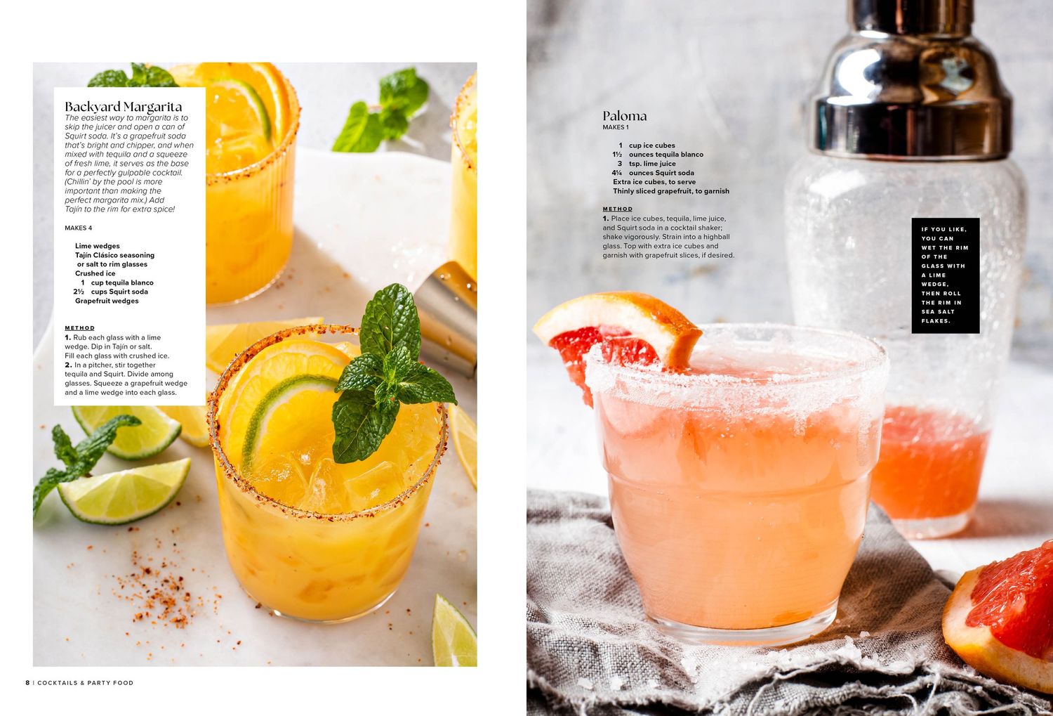 Collection of citrus-based cocktail recipes with orange and pink drinks in magazine format.